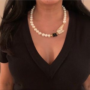 Pearl and black bead necklace with gold accents
